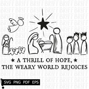 Puede incluir: Una ilustración en blanco y negro de la escena de la natividad con una estrella sobre el pesebre. El texto "A THRILL OF HOPE, THE WEARY WORLD REJOICES" está debajo de la imagen.