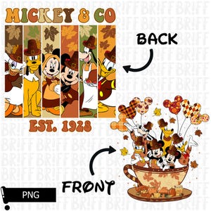 May include: A digital design featuring Mickey & Co. characters in Thanksgiving attire. The design includes a vertical panel with characters and a teacup illustration with characters, pumpkins, and the text "EST. 1928".