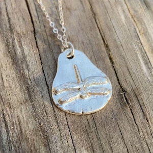 Puede incluir: Un collar con colgante de tono plateado que presenta un dije en forma de lágrima con un diseño de libélula en relieve. El colgante está suspendido de una cadena fina y delicada de tono plateado, con un acabado metálico y un motivo de insecto detallado.