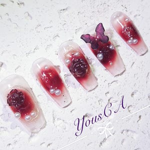 Handmade Press-On Nails - Blush Coquette Style with Detachable Camellia & Rose Designs for Weddings/Bridal