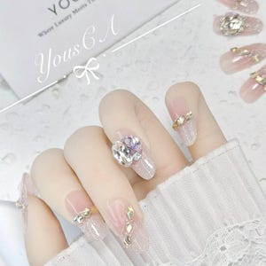 Rose Gold Glitter Press-On Nails with Rhinestones Medium-Length Press-On Nails