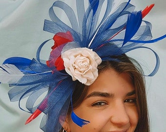 Patriotic woven fascinator hat flag RED white, blue & navy satin + feathers 4th July Memorial Day parade vote Union Jack #kentuckyderby