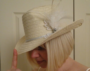 Ladies western cream hat white feathers rhinestone cowgirl wedding country wedding theater summer hat formal church Kentucky Derby