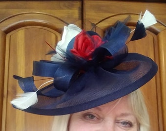 Patriotic woven fascinator hat flag RED white, blue & navy satin + feathers 4th July Memorial parade vote purse #kentuckyderby