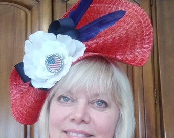 Patriotic woven fascinator hat flag RED white, blue & navy satin + feathers 4th July Memorial Day parade vote Union Jack #kentuckyderby