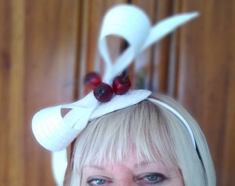 White & Cherry red woven bow fascinator Kentucky Derby handmade mini hat cherries skullcap Lolita Harajuku #kentuckyderbyhat