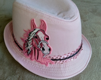 Pink Ladies Fedora pink horse sequins and pink black accents Breast cancer awareness Kentucky Derby Photo shoot #pinkhat#barbiepink