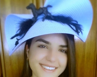 Hat Kentucky derby light blue fascinator black feather & black horse High tea hat Mother bride hat church hat derby hat #derbyhats