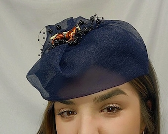 Navy blue chiffon fascinator with black beads removeable brown race horse pin photo shoot hatKentucky derby show hat #kyderbyhat