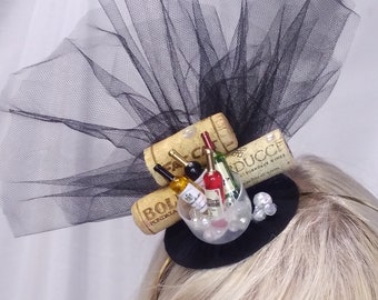 Kentucky Derby black fascinator wine bucket and wine corks Kentucky Derby handmade mini hat skullcap Lolita Harajuku #kentuckyderbyhat