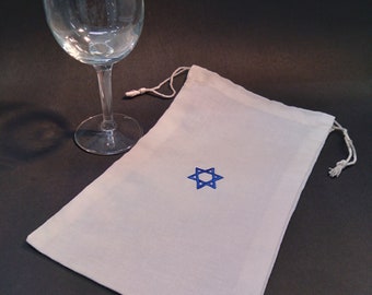Mazel Tov Grooms Wedding ceremony break glass smash glass Chuppah glass tradition ivory muslin bag with blue Jewish star #smashglass