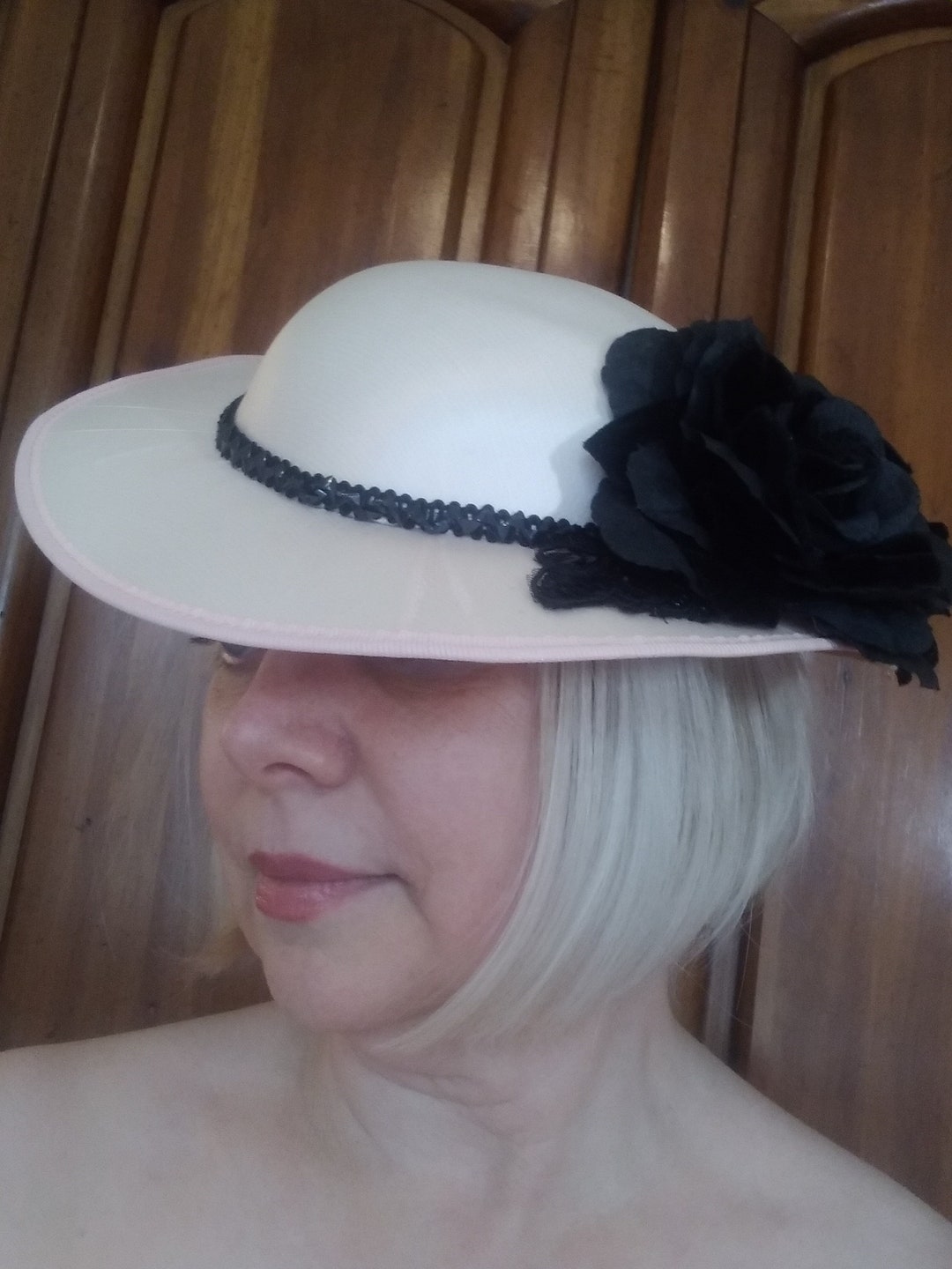 Pink and Black Kentucky Derby Rose Hat Black Velvet Rose and  display picture 1