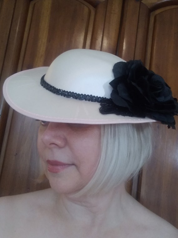 Pink Satin Hat, Black Velvet Rose, Beaded Lace Brim, Derby  display picture 1