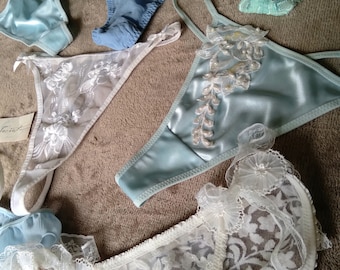 Lot of 8 pair Blue or white  lace thong Bridal soft panties lingerie girl groom sexy underwear cotton natural size 7/8