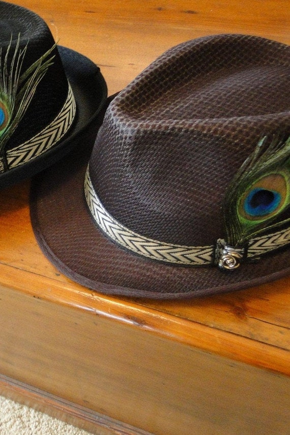 Fedora Hat With Peacock Feather Brown 