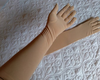 Bridal long opera Champagne neutral gloves gauntlets matte nylon above elbow cafe costume #operagloves