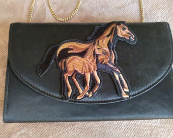 Kentucky derby Vintage black satin purse evening bag brown horse & foal #derbypurse