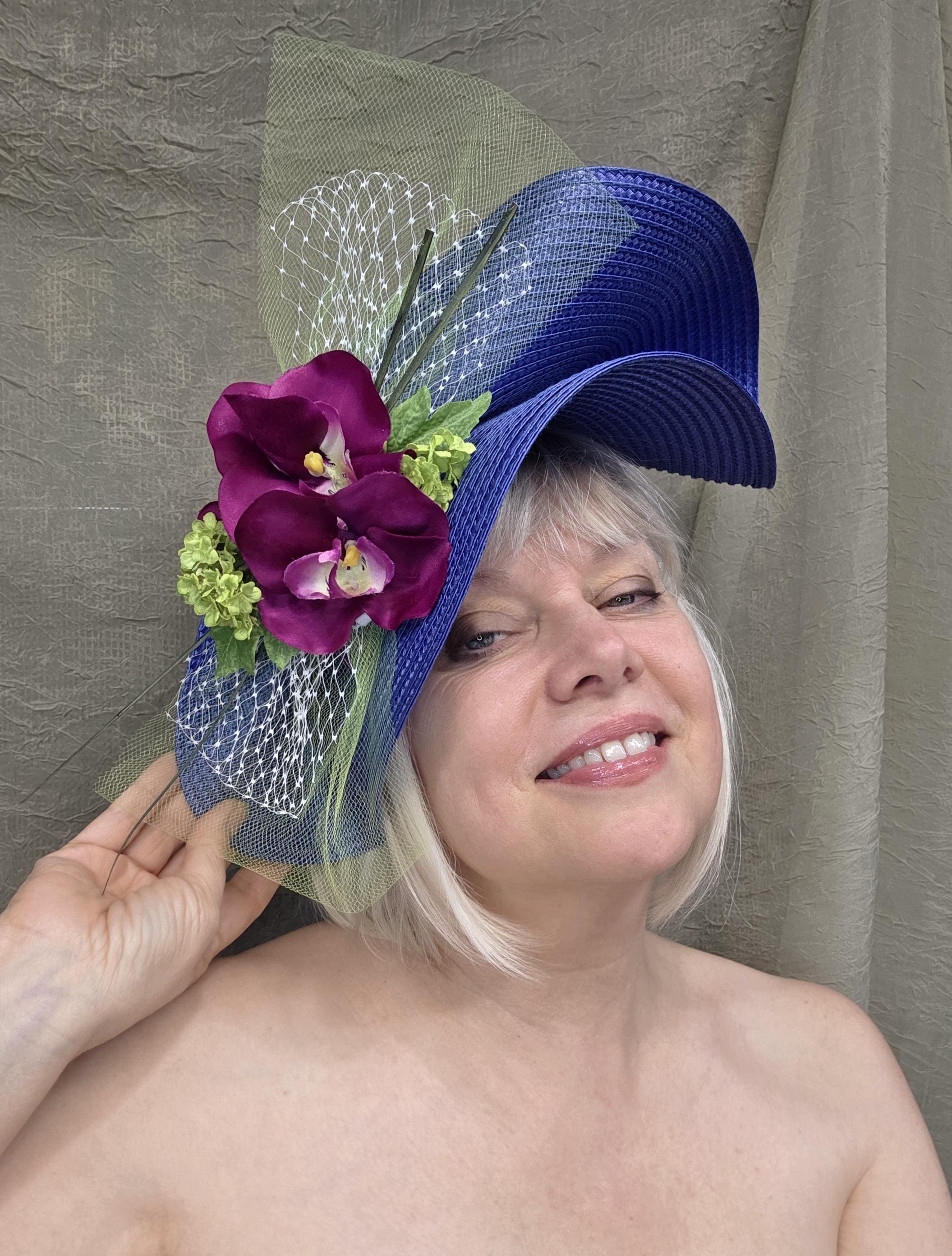 New Purple Orchid Statement Floral Headband Derby Hat Fascinator Flower Garden Kentucky Derby Hat Fascinator Large White and Purple Satin  main image 4