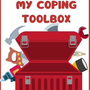 May include: A red toolbox with the words "MY COPING TOOLBOX" in red letters. The toolbox is open, revealing various tools, including a hammer, saw, wrench, and drill. The text "Created by: @thegenzsocialworker" is at the bottom.