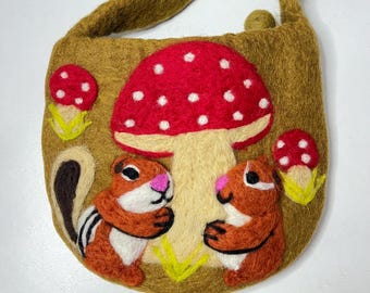Handmade Wool Felt Bag with Chipmunks & Mushroom – Whimsical Woodland Design
