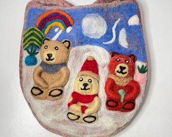 Handcrafted Wool Felt Bag with Cute Bear Family Winter Scene, Wool felt bag, Christmas gift, Felted Shoulder Bag