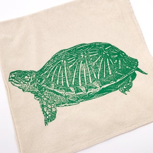 Turtle Tortoise Tea Towel in Green - Hand Printed Towel (Unbleached Cotton)