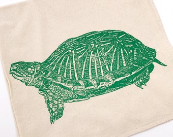 Turtle Tortoise Tea Towel in Green - Hand Printed Towel (Unbleached Cotton)