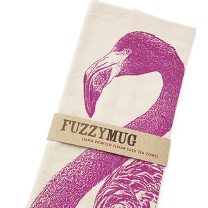 Pink Flamingo Hand Printed Flour Sack Kitchen Towel Unbleached Cotton image 2