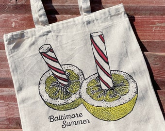 Lemon Peppermint Stick Tote, Cotton Knitting Bag, Baltimore Nostalgia