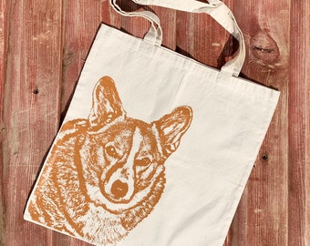 Screen Printed Corgi Tote Bag – 100% Cotton Knitting Bag