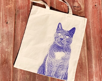 Screen Printed Cat Tote Bag, Purple Ink, Cotton Knitting Bag