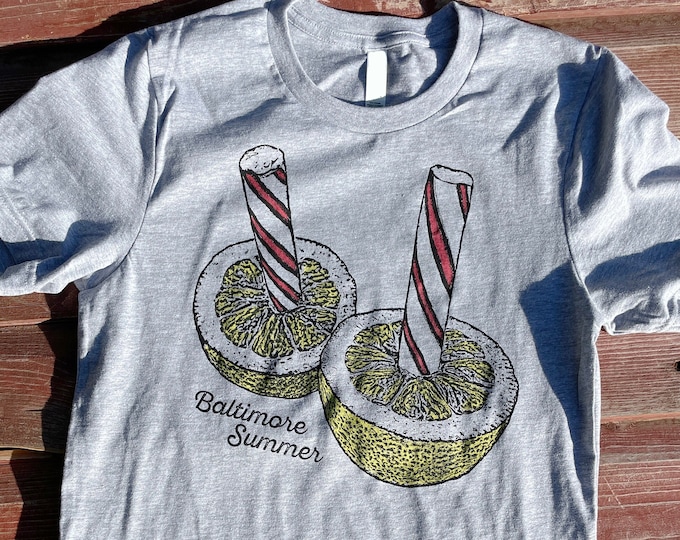 Featured listing image: Lemon Peppermint Stick Shirt, Adult Unisex, Screenprinted, Baltimore Nostalgia