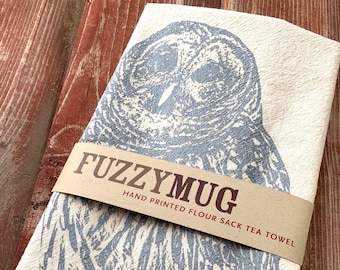 Owl Towel, Owl tea towel, barred owl, Metallic festive - Hand Printed Flour Sack Tea Towel, Dish Towel