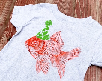 Goldfish Kids Tshirt, Party Hat, First Birthday Shirt, 1st Birthday Shirt, Goldfish Shirt, Pool Party, Under the Sea