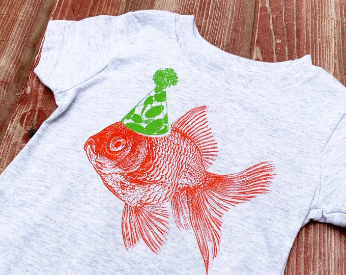 Featured listing image: Goldfish Kids Tshirt, Party Hat, First Birthday Shirt, 1st Birthday Shirt, Goldfish Shirt, Pool Party, Under the Sea