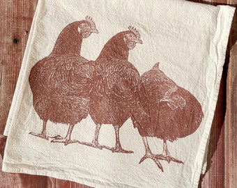 Chicken Tea Towel: Screenprinted Hens, Metallic Brown Ink