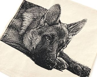 German Shepherd Tea Towel, Screen Printed Cotton Flour Sack, Black Ink