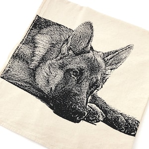 German Shepherd Towel, Dog Tea Towel - Hand Printed Flour Sack Kitchen Towel (Unbleached Cotton)