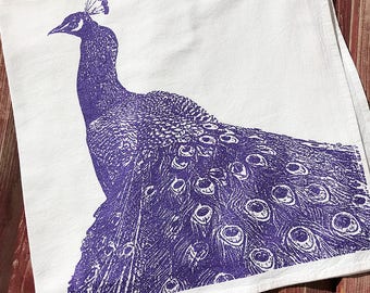 Peacock Tea Towel, Screen Printed Cotton Flour Sack, Metallic Purple Ink