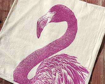 Pink Flamingo - Hand Printed Flour Sack Kitchen Towel (Unbleached Cotton)