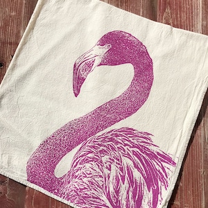 Pink Flamingo Hand Printed Flour Sack Kitchen Towel Unbleached Cotton image 1