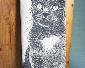 Serene Kitty in Gray, Cat Tea Towel - Hand Printed Flour Sack Tea Towel