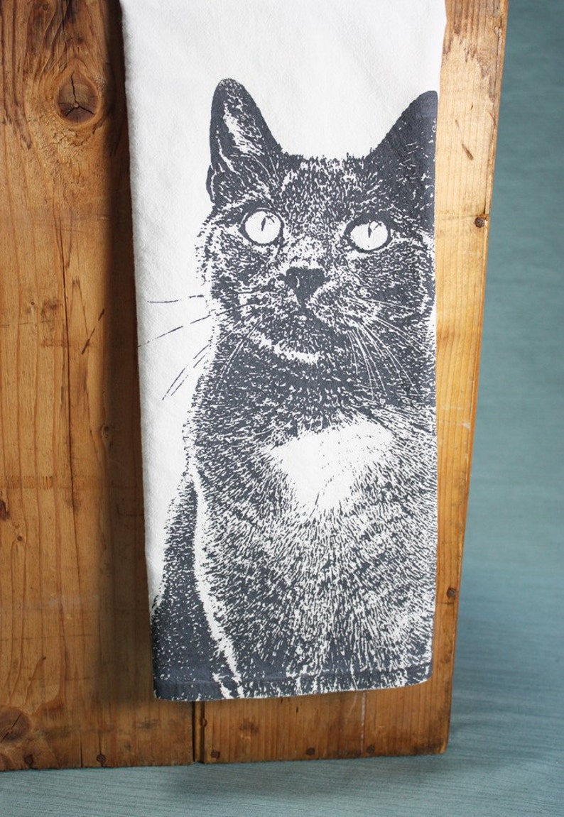 Serene Kitty in Gray, Cat Tea Towel Hand Printed Flour Sack Tea Towel image 1