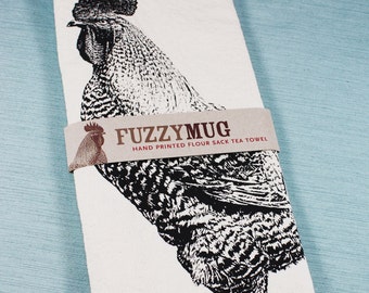 Cottagecore Rooster Tea Towel, Screenprinted Cotton Flour Sack, Black Ink