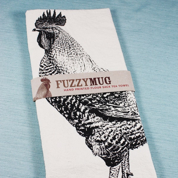 Cottagecore Rooster Tea Towel, Screenprinted Cotton Flour Sack, Black Ink