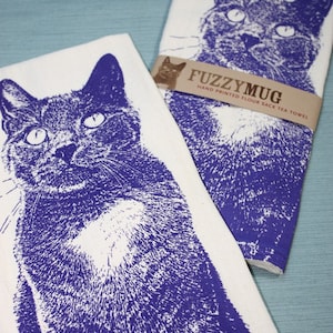 Kitty in Purple, Cat Tea Towel - Hand Printed Flour Sack Tea Towel, Cat Towel, Kitty Towel (Unbleached Cotton)