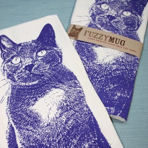 Kitty in Purple, Cat Tea Towel - Hand Printed Flour Sack Tea Towel, Cat Towel, Kitty Towel (Unbleached Cotton)