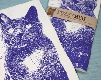 Kitty in Purple, Cat Tea Towel - Hand Printed Flour Sack Tea Towel, Cat Towel, Kitty Towel (Unbleached Cotton)