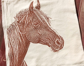 Horse Tea Towel, Horse Kitchen Towel - Hand Printed Flour Sack Tea Towel (Unbleached Cotton)