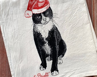 Tuxedo Cat Christmas Tea Towel: Screenprinted Flour Sack Cotton
